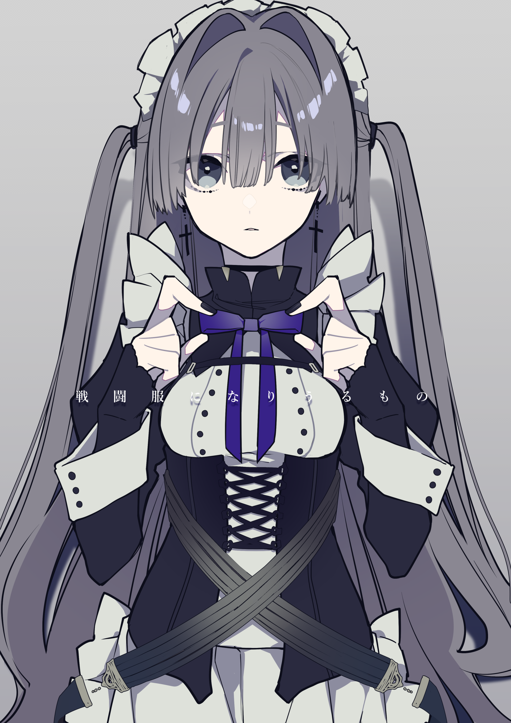 an anime girl with gray hair in twintails wearing a black and white maid outfit with a blue bow and cross earrings is shown in the image. she has bangs covering her forehead, large gray eyes, and is posed with her hands near her chest. her maid outfit includes a laced corset and an apron. the background is a simple gray.