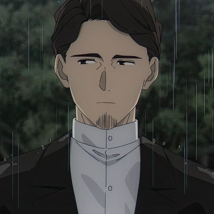 the image shows the head and shoulders of an anime man with short dark brown hair and a goatee. he is wearing a white shirt with a high collar and a dark suit jacket. he is standing in the rain and has a serious expression on his face. the background is a blurry green forest.