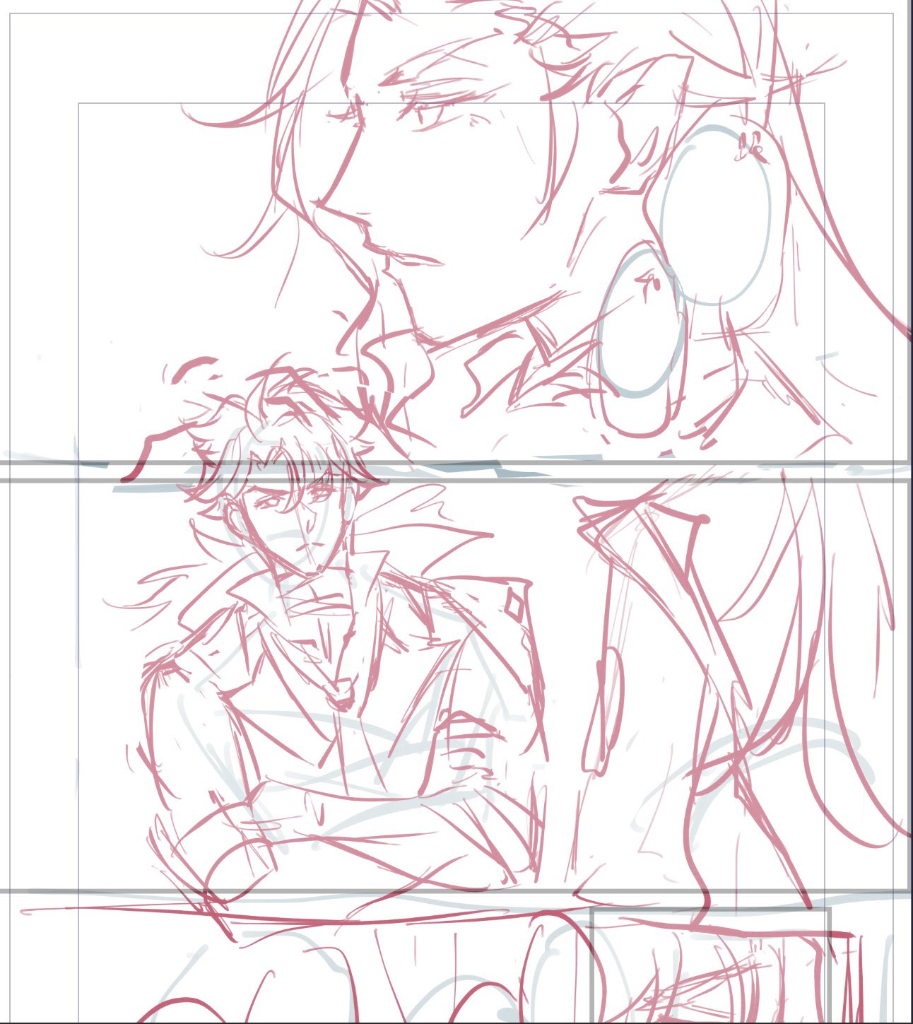 this is a digital sketch of two anime males. the taller one is standing with his back turned to the viewer. he is looking over his shoulder at the shorter male who is facing the viewer with his arms crossed in front of him. they both have serious expressions on their faces.