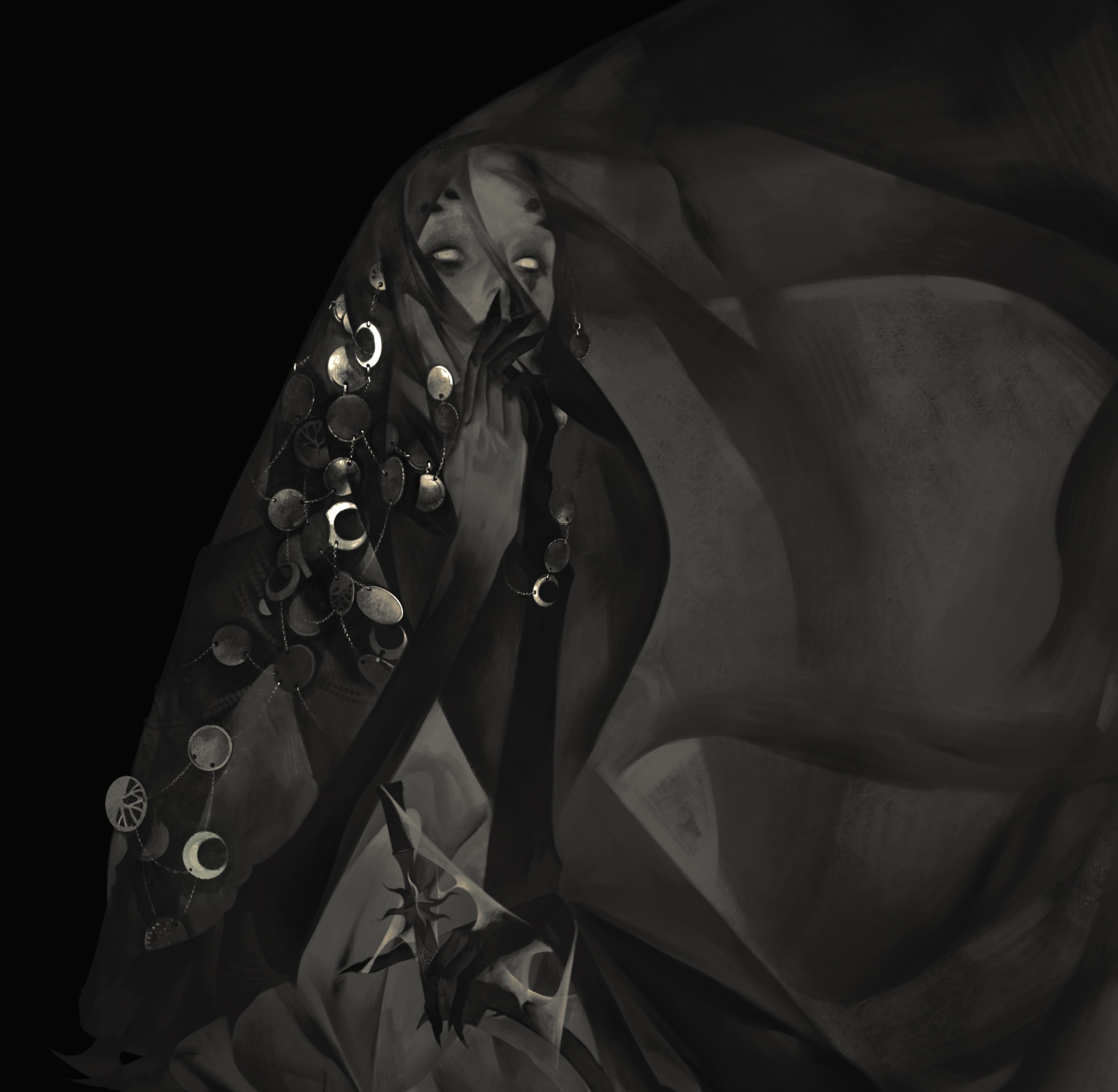 a woman with pale skin and dark eyes is partially obscured by a dark, flowing fabric. she holds a finger to her lips as if to shush the viewer. her  clothing and jewelry are adorned with crescent moon motifs.  the image utilizes a dark and muted color palette, contributing to the overall air of mystery and intrigue.