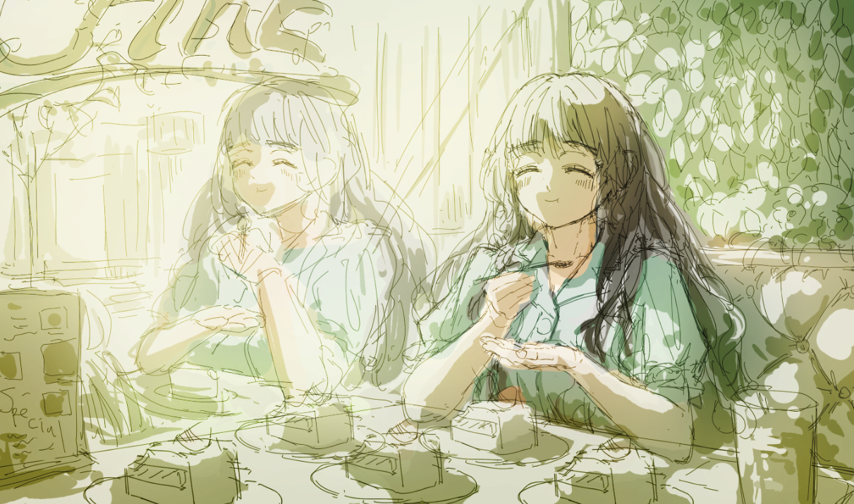 the image is a soft, pastelcolored animestyle illustration of two young women sitting at a table in a cafe or outdoor setting.  the setting is light and airy, with hints of greenery and sunlight suggesting a summer day.  both women are smiling and appear to be enjoying dessert, possibly cake. the artistic style is loose and sketchy, with a focus on light and atmosphere rather than sharp detail. the overall mood is peaceful and happy.