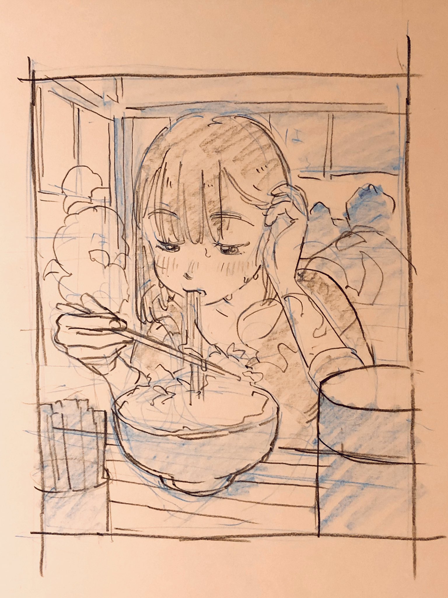 a black and white sketch of a young woman eating ramen at a restaurant. the perspective is closeup, showing her from the chest up as she leans forward to slurp noodles from a bowl. the background hints at a window view and some plants.  the image is rendered in a loose, expressive style with light hatching and crosshatching.