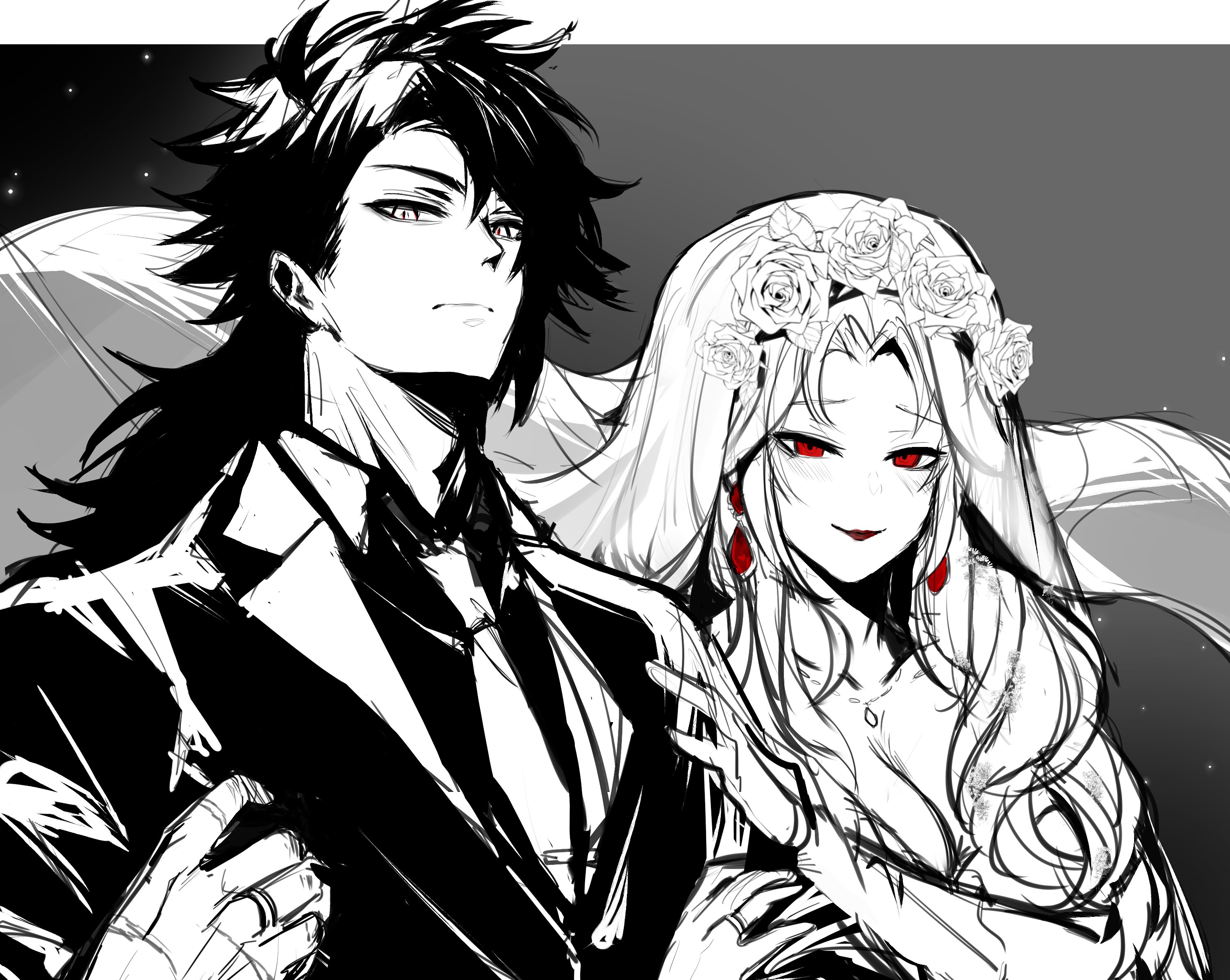 a black and white illustration of an anime couple dressed in wedding attire. the groom is wearing a suit and tie, while the bride is wearing a white dress with a flower crown and veil. the bride is smiling, while the groom has a serious expression. the two are drawn in a romantic, yet mysterious style.