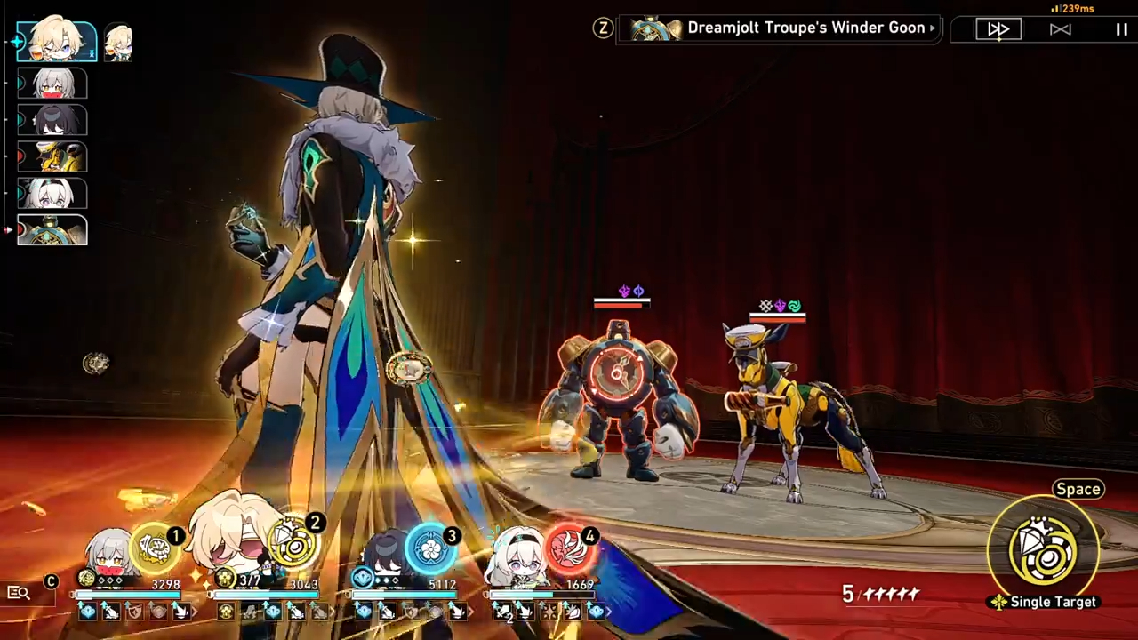 a screenshot from the video game genshin impact, where the character lumine (in the background) is  fighting against two enemy bots as part of a team in a video game battle.  the player controls the character lumine, and the party is comprised of a team of 5 characters.