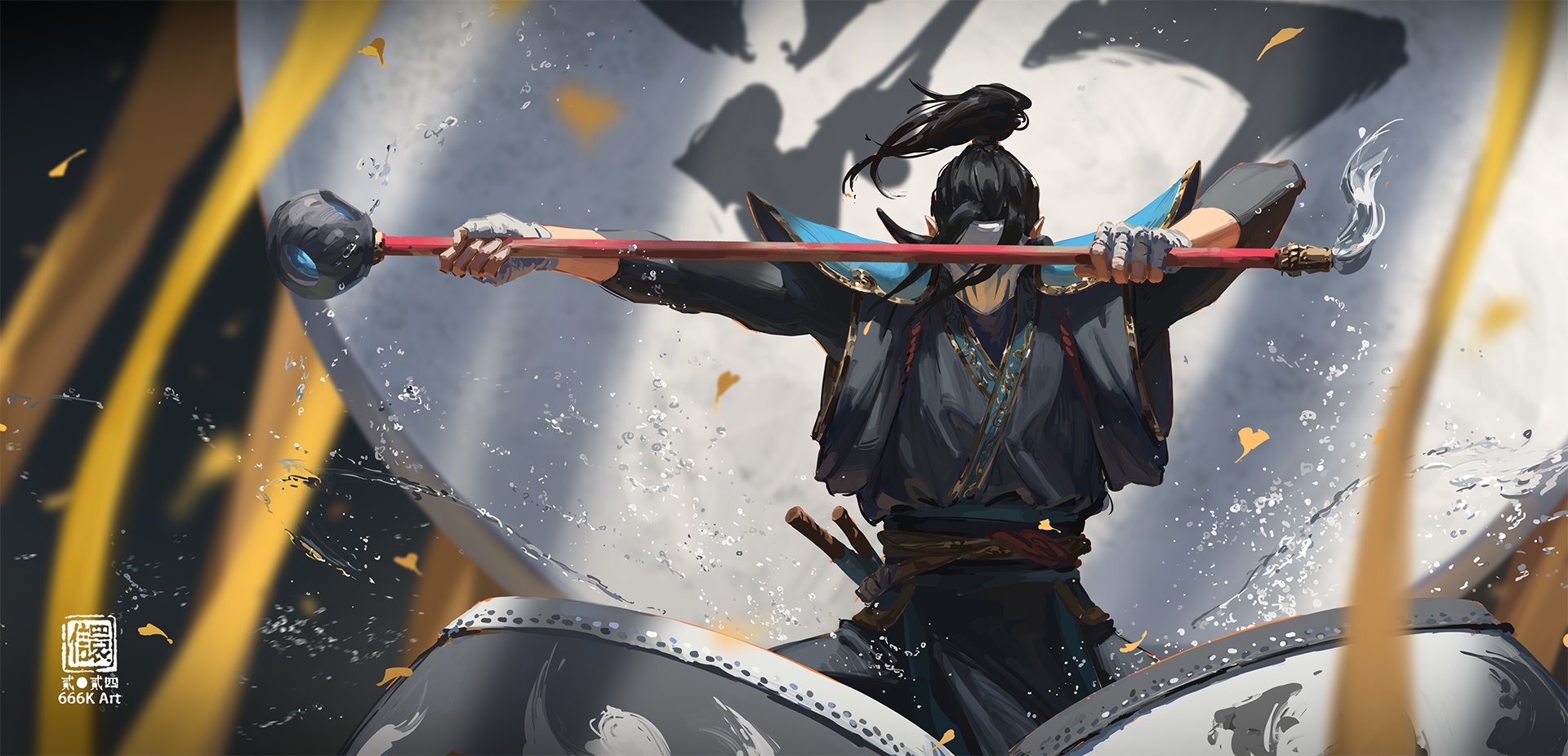 the digital painting depicts a dynamic scene of a warrior, possibly a samurai or a character inspired by east asian cultures, playing a large taiko drum. the warrior is centrally positioned, holding a long staff with both hands, striking the drum with intense force. water splashes dramatically around the drum, emphasizing the power of their strike. the artist's style blends elements of anime and manga with a painterly technique. the character's clothing is detailed, with rich colors and traditional elements. the background suggests a setting of perhaps a festival or a martial arts performance.  there's a strong sense of movement and action. the artist's signature "666k art" is visible in the bottom left corner.