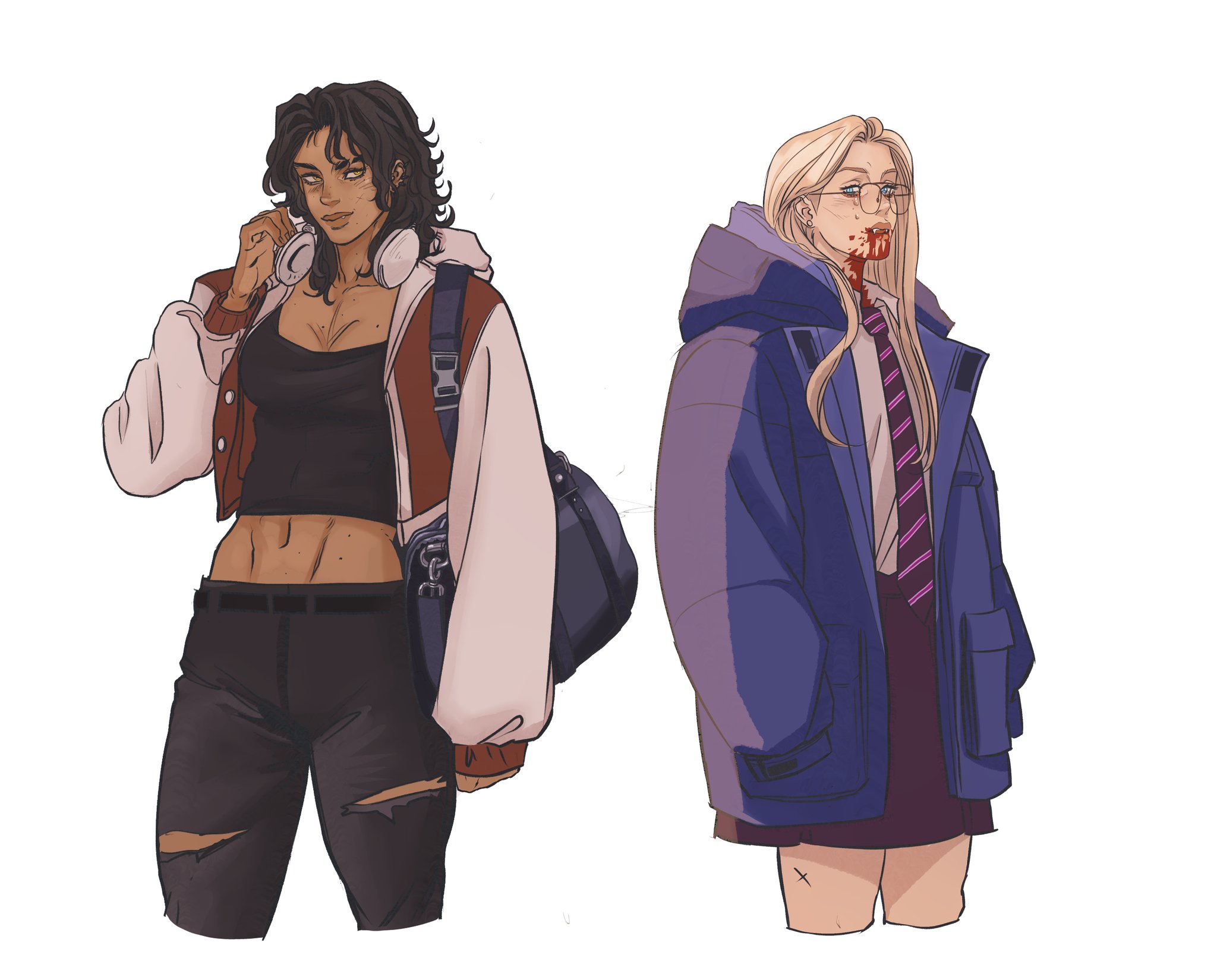 the image shows an illustration of two women. on the left, a woman with dark hair wearing headphones, a jacket, a black top, and ripped jeans. she has a shoulder bag. on the right, a woman with blonde hair wearing glasses and a school uniform, with blood on her face and an oversized coat.