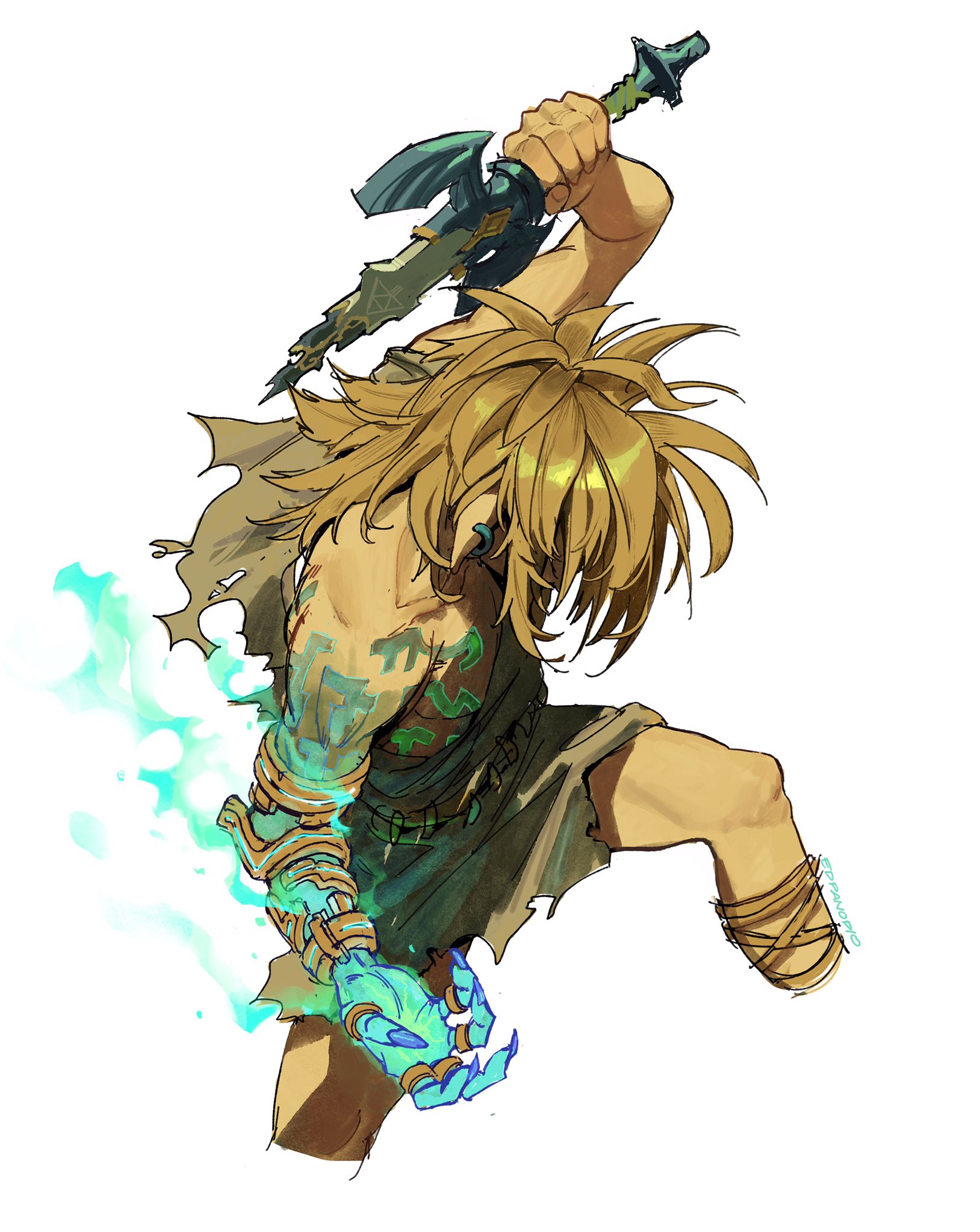 he image is a dynamic digital painting or illustration of link from the legend of zelda: breath of the wild.  he's depicted in a powerful pose, midaction, wielding a sword and seemingly channeling some form of energy or magic from his left hand which is glowing teal.  his attire is ragged and suggests a wild, untamed nature. his body is shown with tattoos, and he appears strong and muscular. the artistic style is somewhere between anime and a more painterly approach, with a strong emphasis on dynamic linework and expressive coloring. the background is plain white, focusing all attention on link.
