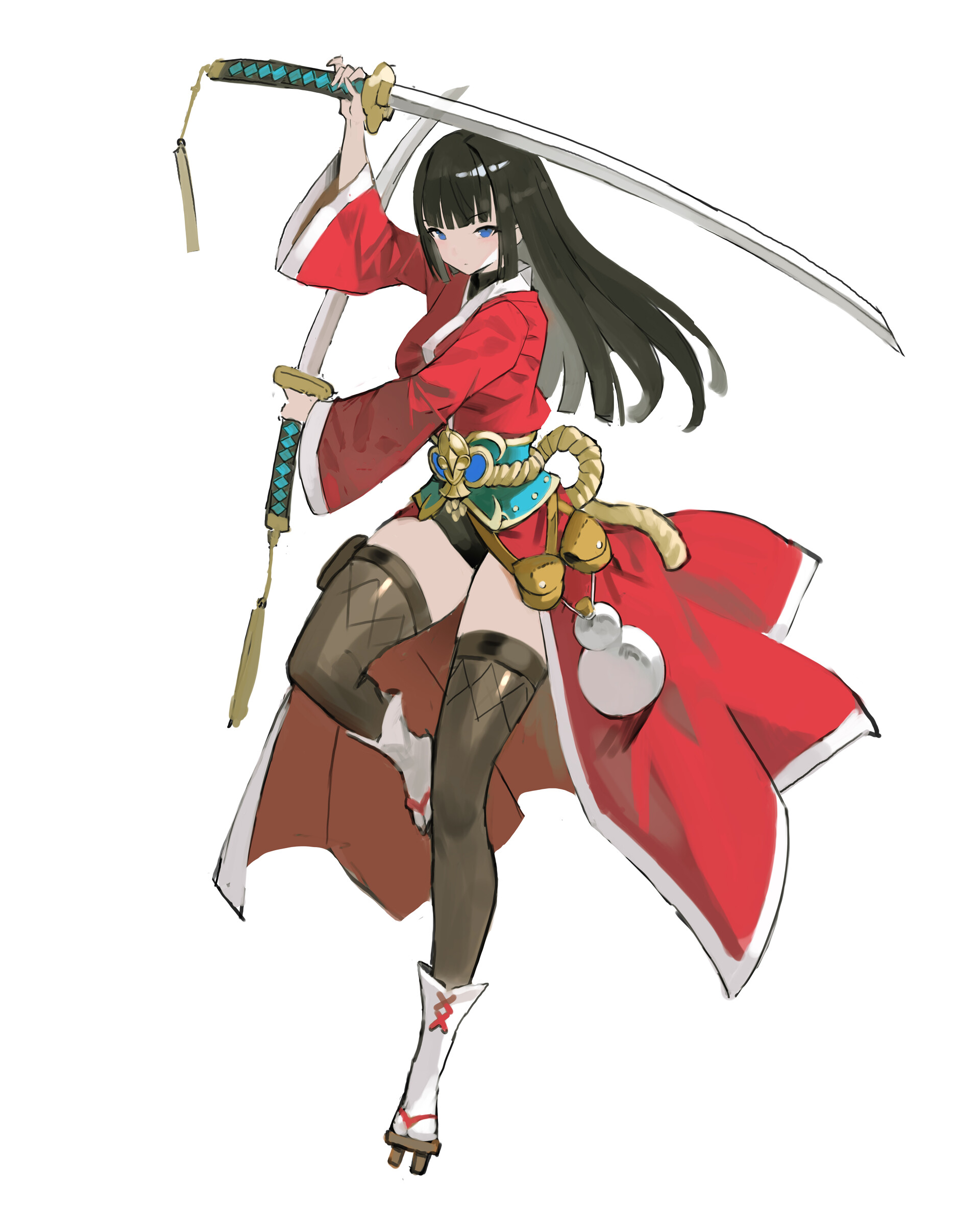 an animestyle woman with long black hair and blue eyes stands with one leg lifted, wielding a katana. she is wearing a red kimono with white edges, thighhigh socks, and highheeled shoes. a sword is positioned horizontally above her head, held in both hands. she also has a ropelike belt with ornaments around her waist. the background is white.