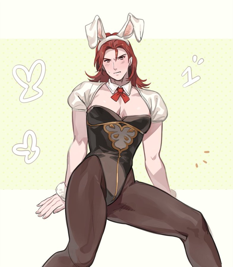 a man with red hair is wearing a bunny girl outfit, consisting of a black bodysuit with a gold design, brown tights, a white collar, white bunny ears, and a red bow. he is sitting and has a blush on his face. the background is yellow with white shapes.