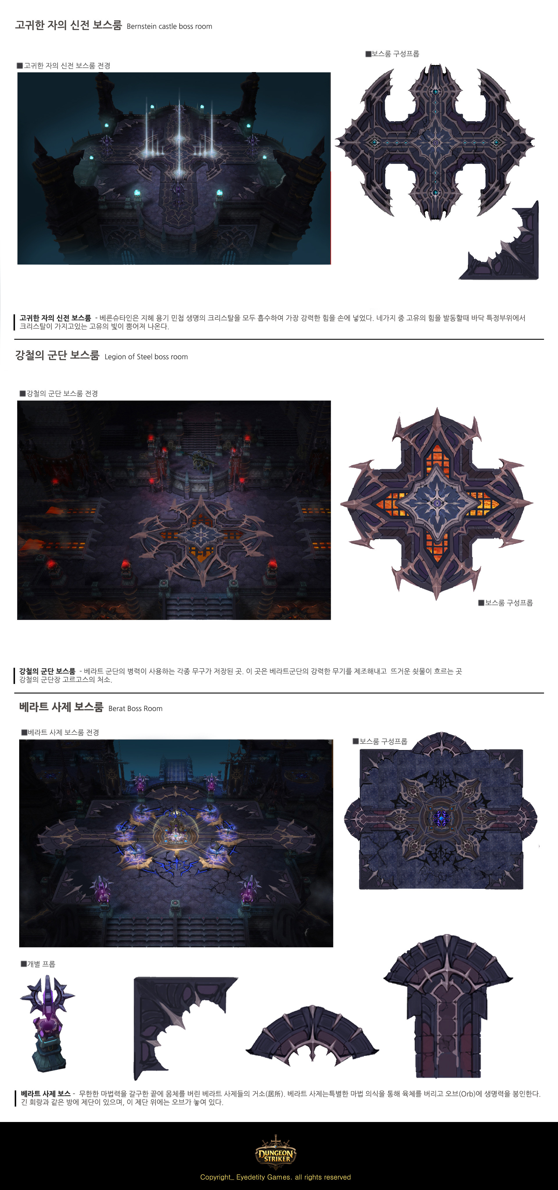 the image showcases concept art for a video game, specifically focusing on environment and level design within a dark fantasy setting. the art depicts various perspectives of a dungeon or castle, including topdown views revealing the layout of rooms and hallways, as well as isometric views offering a closer look at architectural details and potential gameplay spaces.  the overall aesthetic leans towards a gothic style, with an emphasis on dark, brooding colors and intricate stonework. the lighting is largely artificial and dramatic, employed to highlight specific areas and create a sense of mystery and atmosphere.