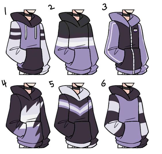 the image showcases six distinct designs of hoodies, all adhering to a black, white, and purple color scheme. each hoodie features a unique pattern, with variations in stripes, color blocks, and graphic placements. the hoodies are presented on figures with consistent body types and poses, allowing for a clear comparison of the designs.