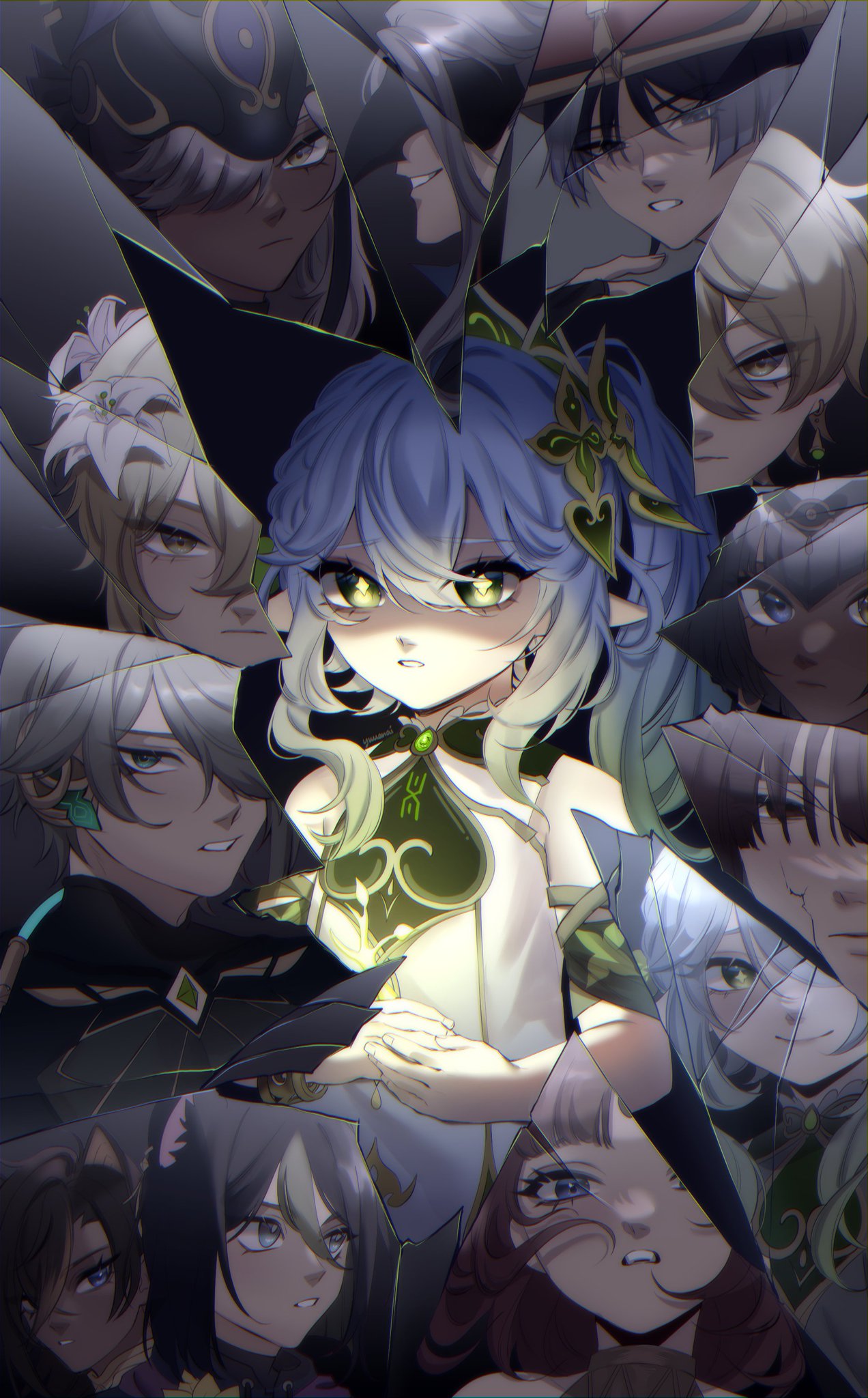 this is a colorful and detailed digital artwork in an anime style that features a group of cute anime girls. the girls are positioned so that they are all looking out at the viewer. some girls are in the forefront while others are partially seen behind them. the girls are all beautifully drawn with bright colors and unique styles of clothing. the characters appear to be in a place surrounded by broken pieces of a mirror or some kind of glass that creates a fragmented effect.  there are also a few male characters,  partially obscured behind the women, but are also part of the fragmented effect of the art.