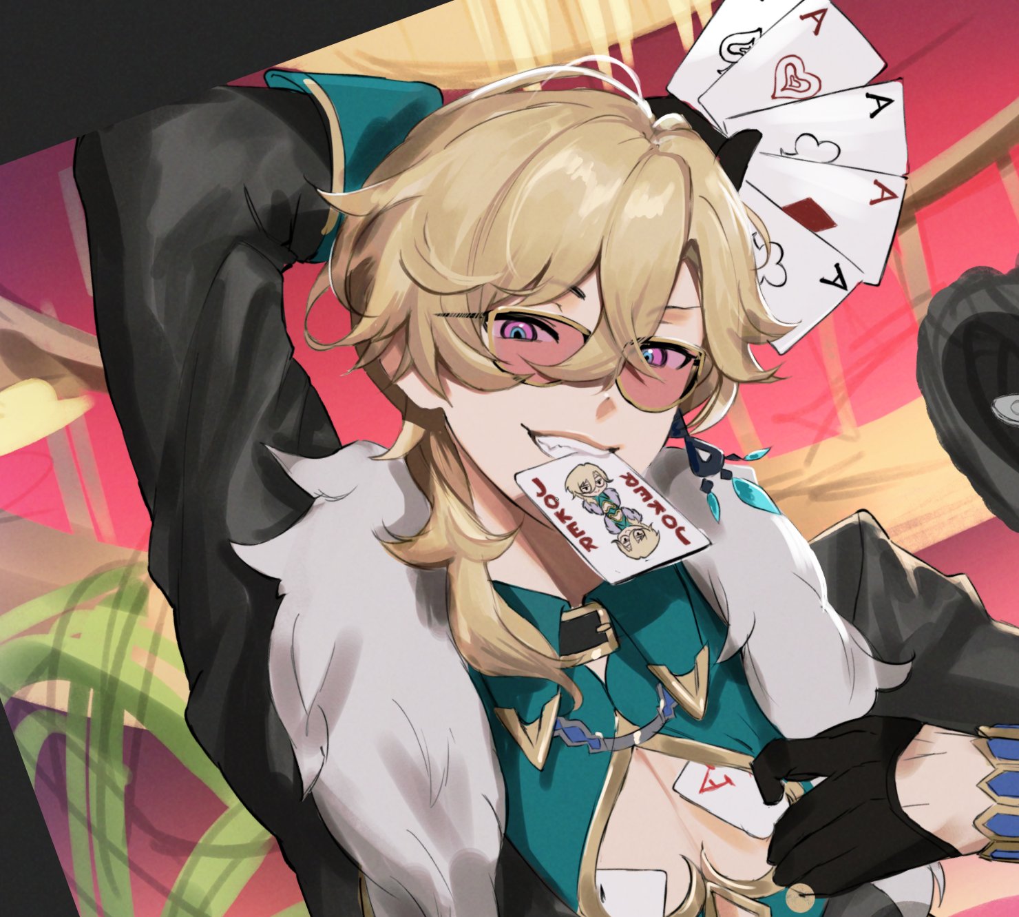 the illustration features a male anime character with blond hair, wearing a black suit with green and blue accents, and stylish glasses. he is holding a joker playing card in his mouth, grinning playfully, and holding a heart ace card in his left hand. he appears to be in a casino or gambling environment. the illustration is vibrant and dynamic, capturing the character's confidence and playful nature.