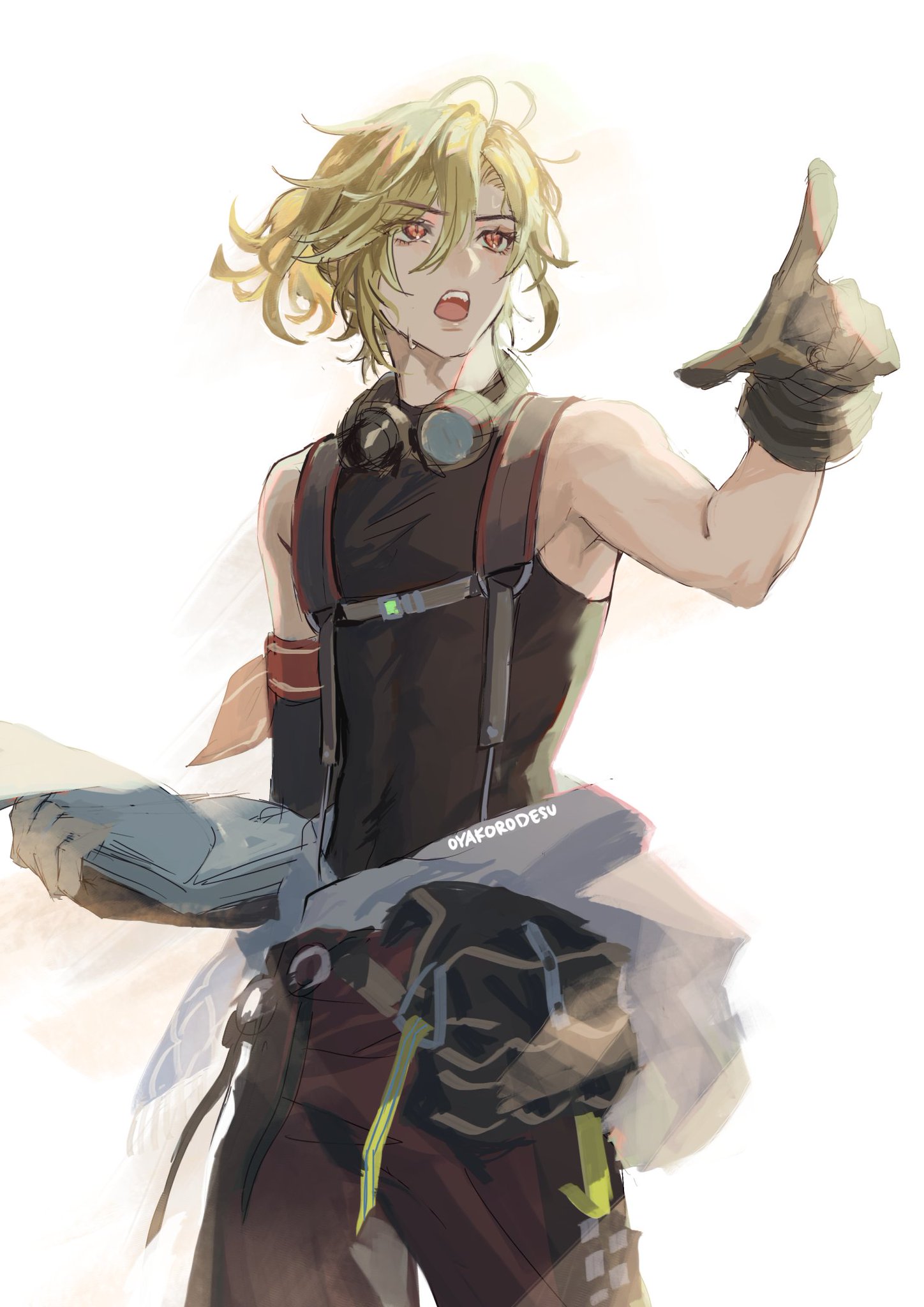 a drawing of an anime character, male, with long blond hair and red eyes, holding a book with his left hand and pointing with his right hand. the male character is wearing a sleeveless shirt and black pants with red straps. the character is standing and looks to be in a fighting pose.