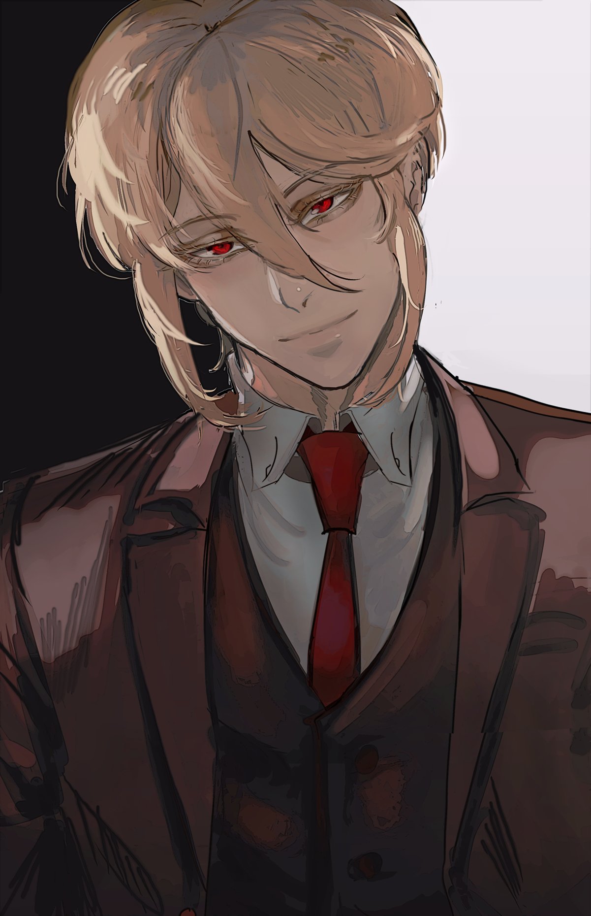 this is a digital illustration of a male anime character. he has blonde hair, red eyes, and is wearing a suit and tie. his expression is serious and he appears to be looking at something offscreen.