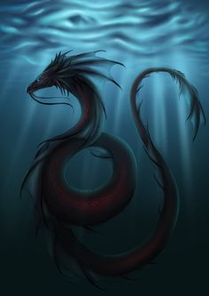 a digital drawing features a dark, serpentine creature in an underwater environment. the creature resembles a sea monster or dragon with a long, winding body, fins along its back and tail, and a head with sharp features. it is predominantly dark red and black. the creature is depicted swimming in water with light rays penetrating from above, creating a mystical and mysterious atmosphere. the background shows wavy patterns resembling the water's surface.