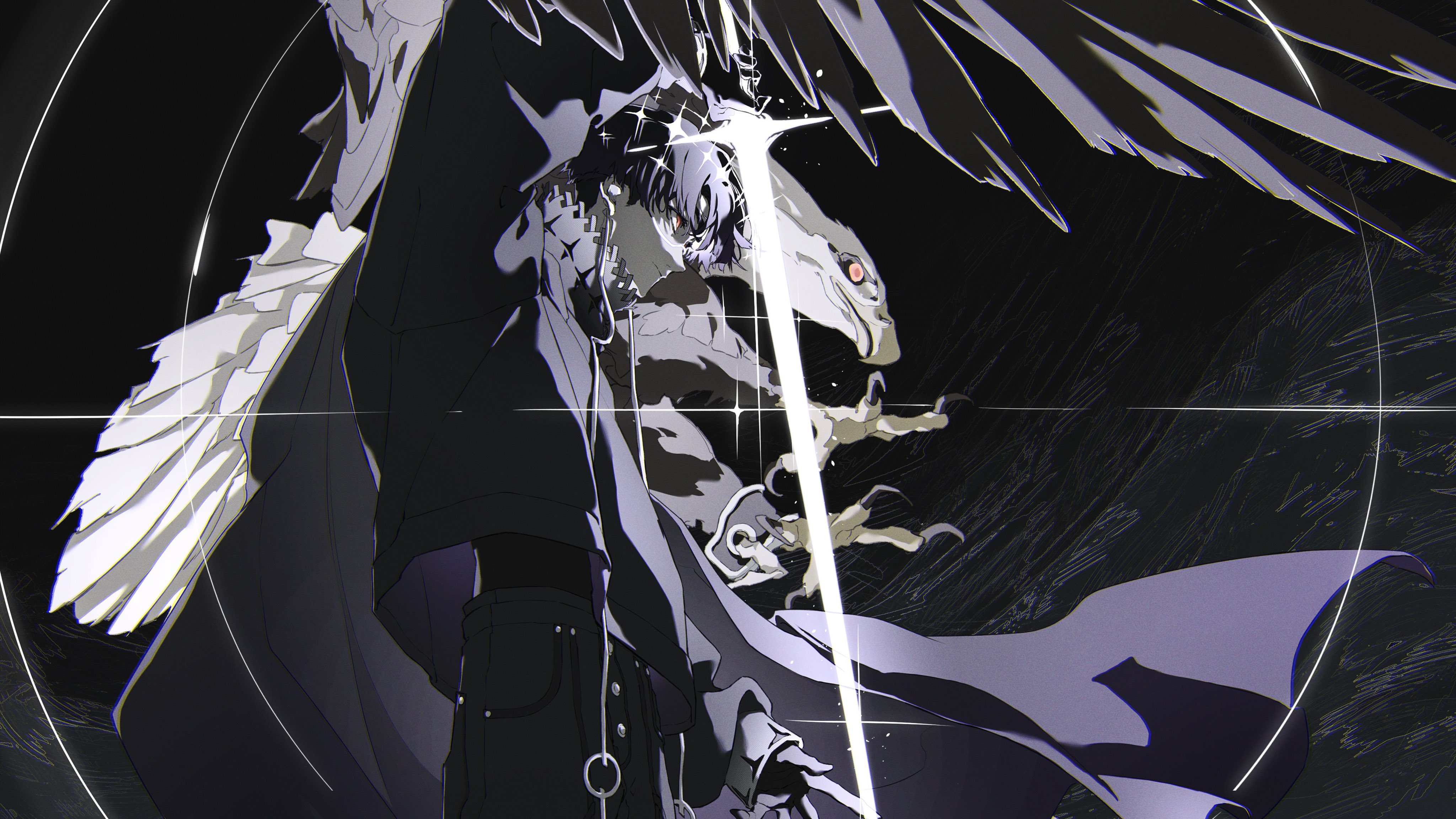 an animestyle image features a character with wings and a bird head, cloaked in dark clothing. the lighting is dramatic, emphasizing the fantasy and supernatural elements of the scene.