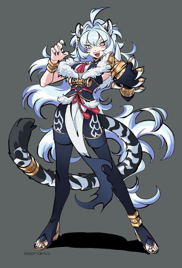 the image is a digital illustration of an animestyle female character. she has long, flowing white hair, animal ears resembling those of a tiger, and a long, striped tail. she's wearing a dark blue and gold outfit with asianinspired elements, including a robelike garment and decorative gold jewelry. her expression is a confident smirk, and she holds a clawlike hand gesture. the overall style is dynamic and fantastical, with vibrant colors and detailed clothing and hair. the background is a simple gray, which draws focus to the character. the artwork is signed "blazemafrica" in a small font in the bottom left corner.