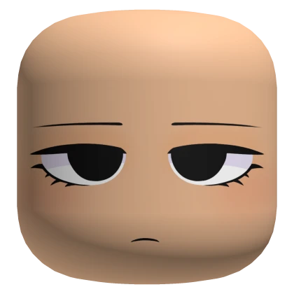 a 3d rendering of a roblox avatar head with a unimpressed facial expression, featuring slanted eyes with defined eyelashes, straight eyebrows, and a curved mouth. the head is a rounded, rectangular shape with a skintoned color.