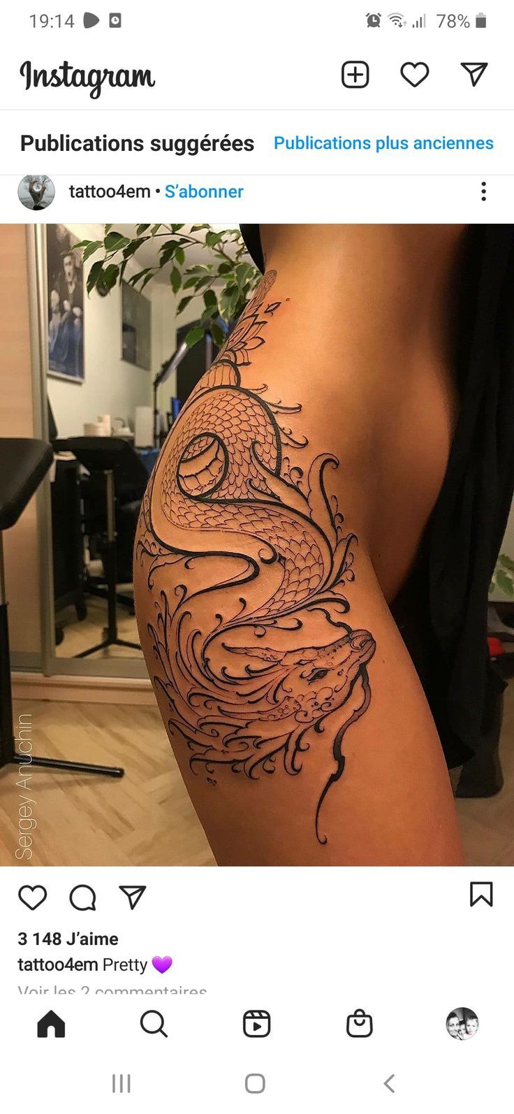 a closeup shot of a person's thigh and hip with a snake tattoo. the image is an instagram post. the snake tattoo is black and white with a detailed pattern. the person's skin is light and smooth.