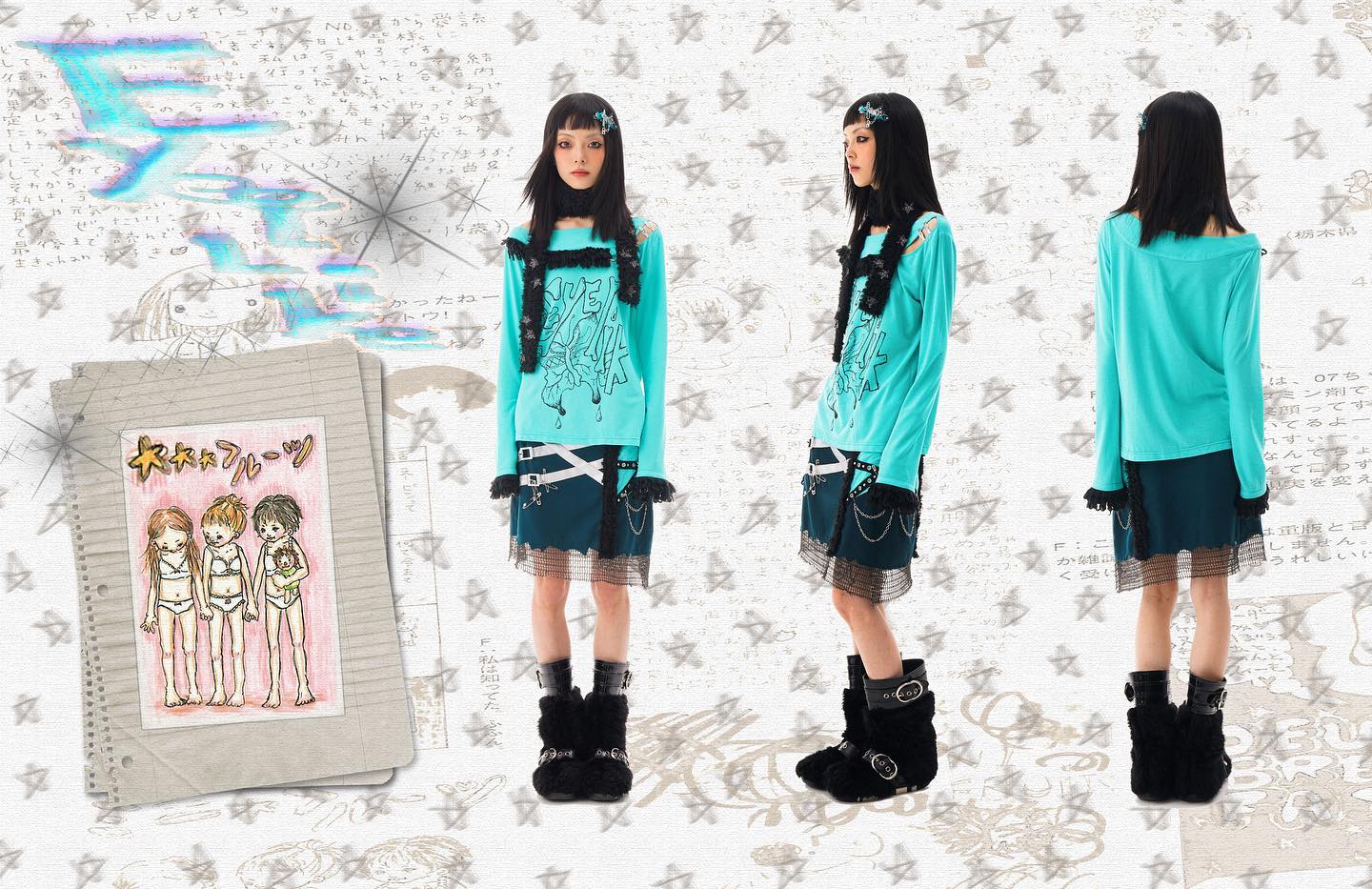 he image shows three different views of a young woman modeling a teal longsleeved shirt and a dark teal mini skirt. the shirt has a distressed graphic print and cutout details on the shoulders. the skirt is layered over a sheer black mesh fabric.  she is wearing black platform boots. the background is a collage of notebook paper with japanese writing, drawings, and stars. one panel shows a drawing of three young girls. the overall aesthetic is a blend of japanese street style, grunge, and alternative fashion.
