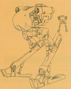 a line drawing of a mecha robot standing with its arms down and legs extended, a smaller robot can be seen in the background.  the drawing is done on yellow paper.
