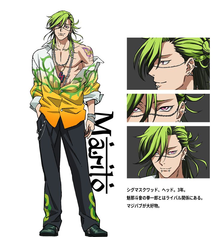 the image shows an anime character named marilo. he has long green hair, green eyes, and wears a yellow shirt with a green and black design. he is wearing black pants and has several accessories, including a chain necklace, earrings, a ring, and a chain across his face. he has a tattoo on his left shoulder. the image is in a style typical of japanese anime and manga.