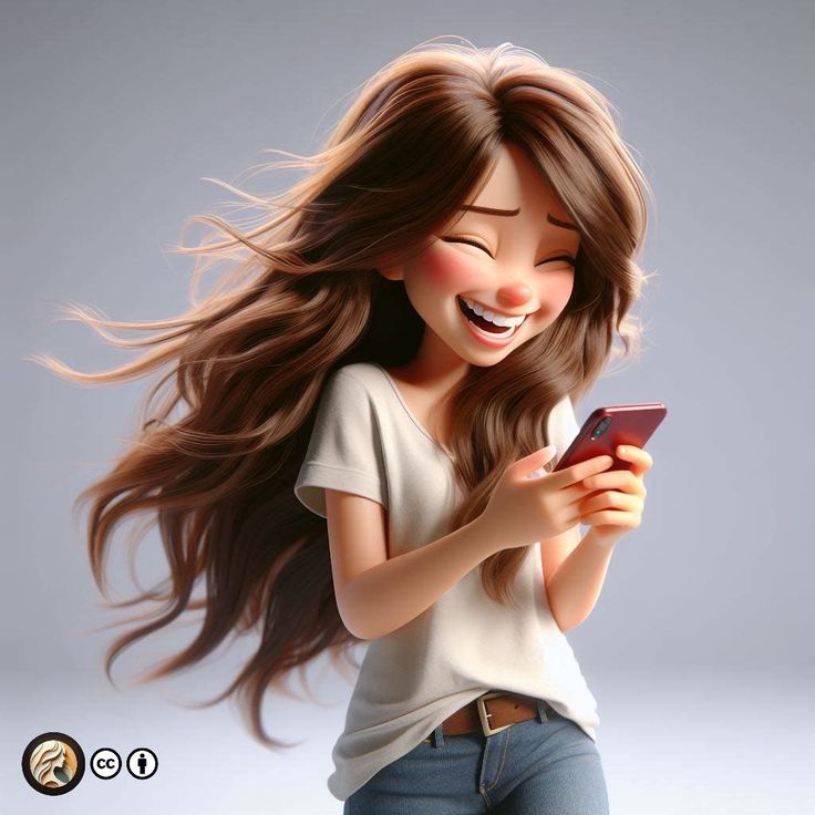 the image showcases a meticulously rendered 3d model of a cartoon girl with long, flowing brown hair.  she's depicted from the waist up, wearing a simple white tshirt and jeans. her expression is one of joyous laughter, and she's holding a red smartphone, seemingly engaged in a fun text or online interaction. the wind is subtly blowing through her hair, adding dynamism to the scene.  the overall style is highly polished and realistic, emphasizing the details of the character's features and clothing. the background is a muted gray, focusing all attention on the vibrant character.  the style is reminiscent of modern 3d animation and digital illustration techniques.