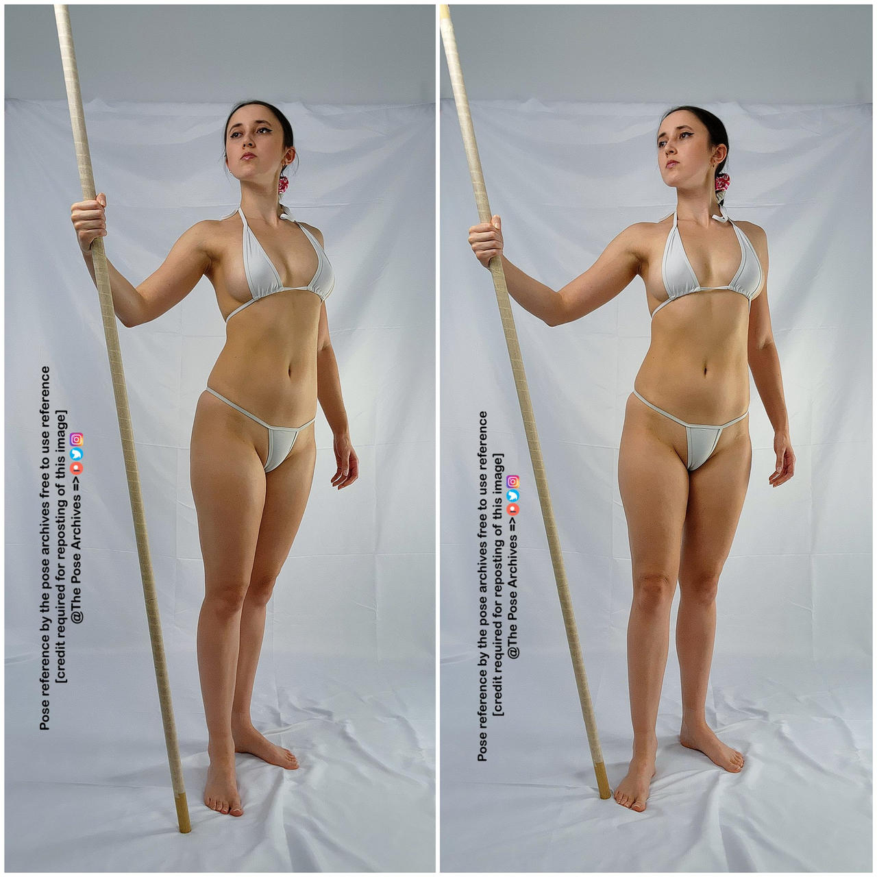 a woman in a white bikini is standing and holding a long stick. the image is a studio shot with a white background. the woman is posing for the camera.