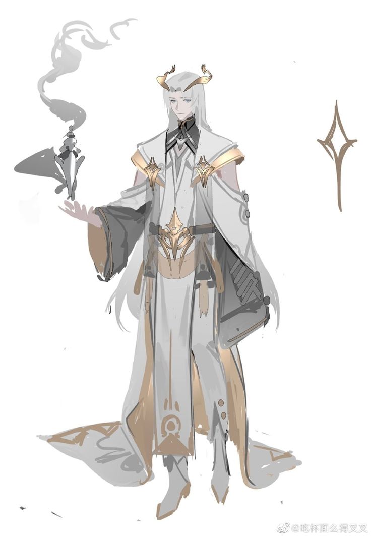 a sketch of a male anime character, with long white hair and a long coat with a golden belt. he is holding a potion bottle with smoke coming out of it and holding a weapon in the other hand. he is wearing long boots and the design is in grayscale with hints of golden details.