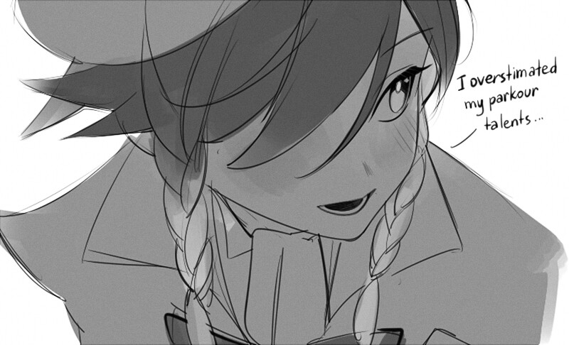 a black and white illustration of a woman with long hair styled in braids, wearing a hat and coat. she appears surprised and embarrassed, with rosy cheeks and a slight smirk. the speech bubble reads, "i overestimated my parkour talents...". the overall style is soft and expressive, characteristic of manga or anime.