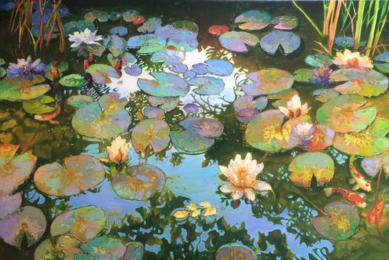 an impressionist painting of a pond filled with water lilies. the water lilies are in various stages of bloom, with some fully open and others still in bud. the water is a deep green color, and the sky is reflected in its surface. there are also a few fish swimming in the pond.