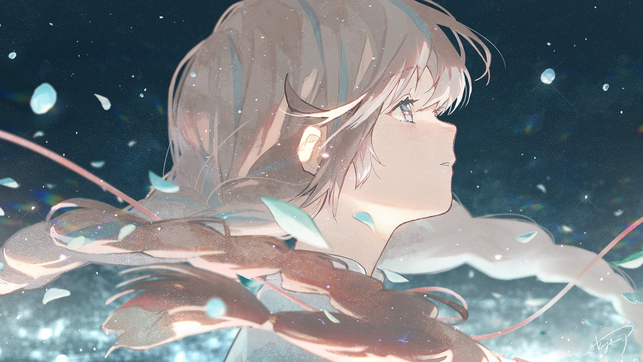 a digital illustration of an anime girl from the side, looking up. she has light brown hair styled in a braid that drapes over her shoulder. the background is a dark blue with light and sparkle effects, and blue petals are scattered around her. she has fair skin, visible eyelashes, and a light pink tint to her ear. the overall style is artistic and dreamy.