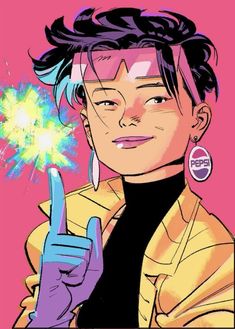 jubilee from xmen is depicted in a pop art style with her mutant power, fireworks, bursting behind her hand. she is wearing her signature yellow jacket and sunglasses, with a pepsi earring. the background is bright pink.