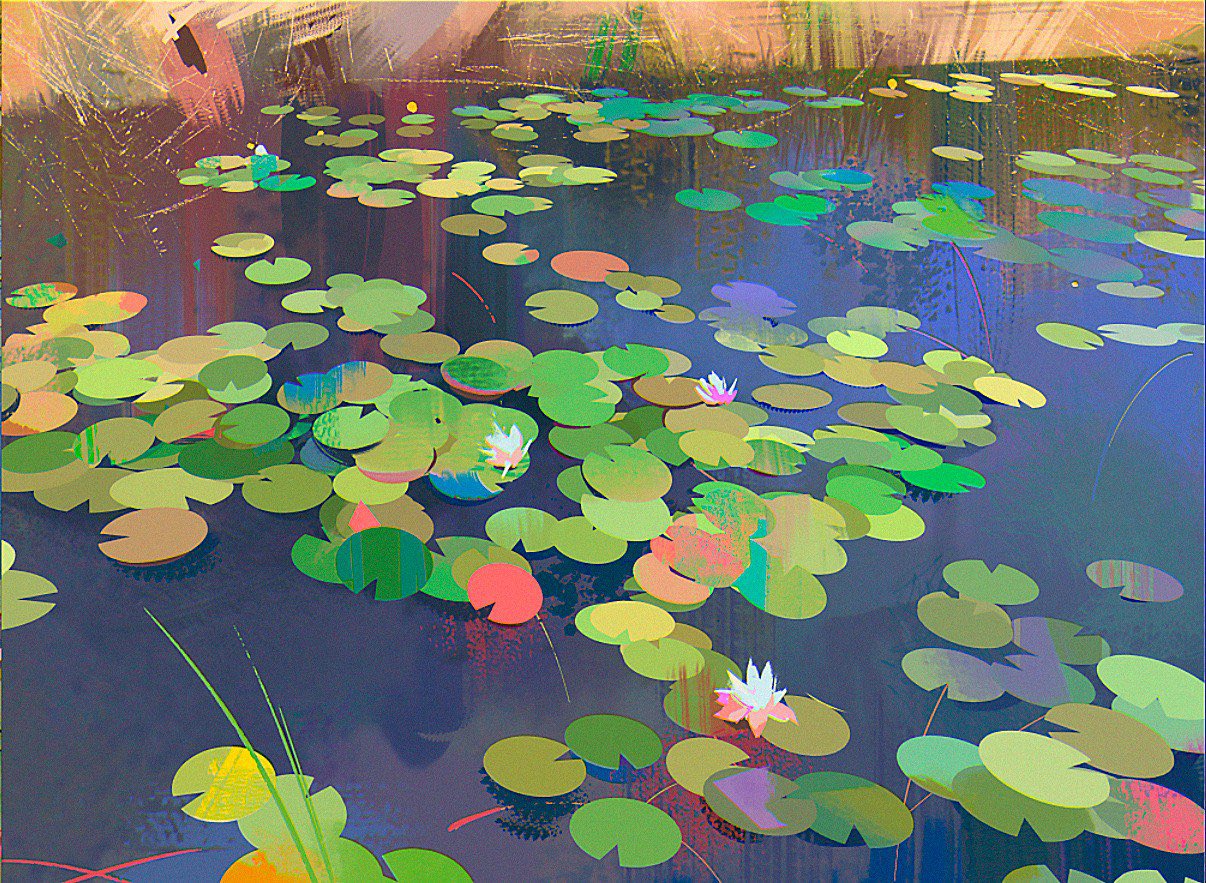 the image is a painting depicting a pond covered in lily pads and water lilies. the lily pads are various shades of green and some are accented with red, blue, and yellow. there are a few white and pink water lilies scattered throughout. the water is a dark blue color, with reflections of the surrounding environment visible. the overall style is colorful and abstract, creating a serene and artistic representation of a natural scene.