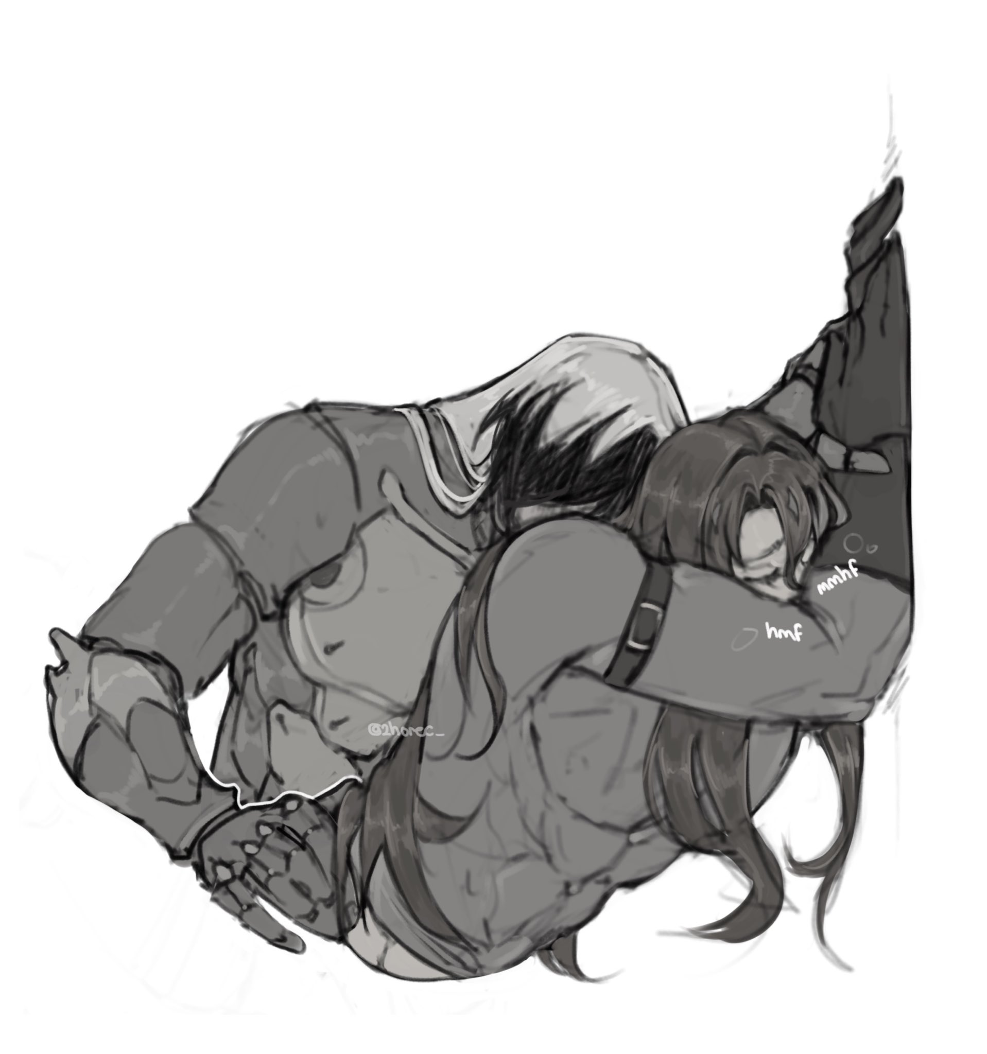 the image is a grayscale drawing or sketch depicting two male characters in a close, intimate embrace.  one character, seemingly armored, is holding the other, who appears to be resting or sleeping against them. their bodies are intertwined, conveying a sense of affection and closeness. the style is reminiscent of anime or manga fanart, with attention to detail in the characters' musculature and clothing.  small, almost illegible text is present within the image, likely representing sounds or expressions. the overall mood is romantic and tender.