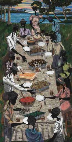the painting depicts a large african american family gathered around a long table for a picnic. the table is covered with newspaper and laden with food, including a watermelon, fried chicken, and other southern staples. the family members are engaged in conversation and enjoying each other's company. the scene is set outdoors, with lush green trees and a body of water in the background. the warm colors and lively composition convey a sense of joy and togetherness.