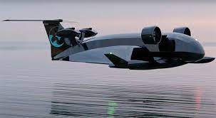 a futuristic aircraft, resembling a flying car, hovers above a body of water. the sleek, silver aircraft has large, prominent engines and a distinctive design, suggesting advanced technology and innovative transportation concepts. the background features a clear, expansive sky and calm water. the image captures a moment of technological advancement and a glimpse into the potential future of travel.