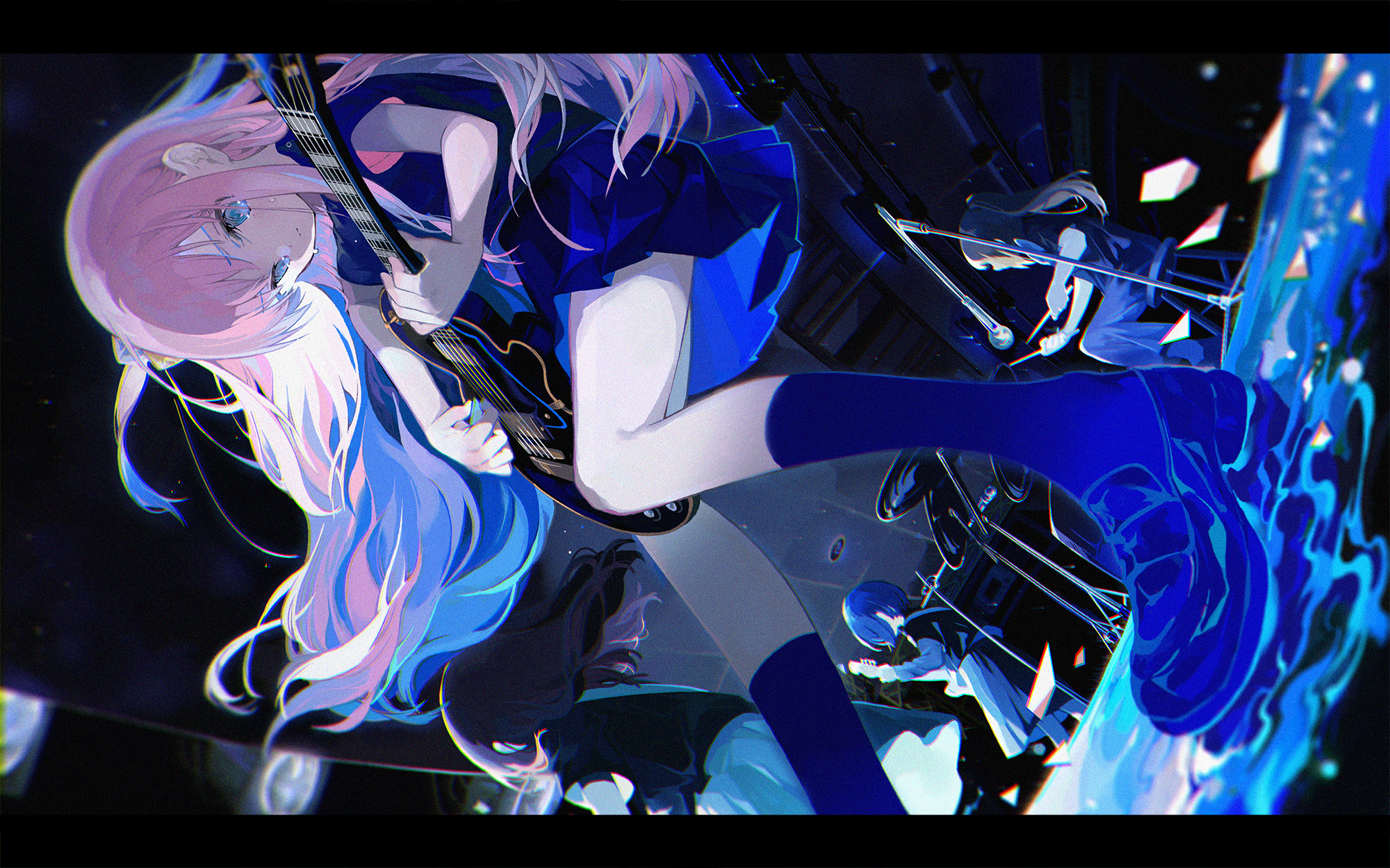 the image is a dynamic and stylized digital illustration featuring an anime girl, the central figure, playing an electric guitar. she has long pink and blue hair, is wearing a blue dress, and blue kneehigh socks.  her expression appears emotional, almost teary.  she's positioned upside down, creating a visually striking effect. in the background, blurry figures of other band members are visible, suggesting a concert setting. there's a water or liquid effect around her feet that adds to the vibrant, energetic feel. the overall color palette is dominated by blues and pinks, contrasting with the dark background. the art style is highly expressive and emphasizes movement and emotion.