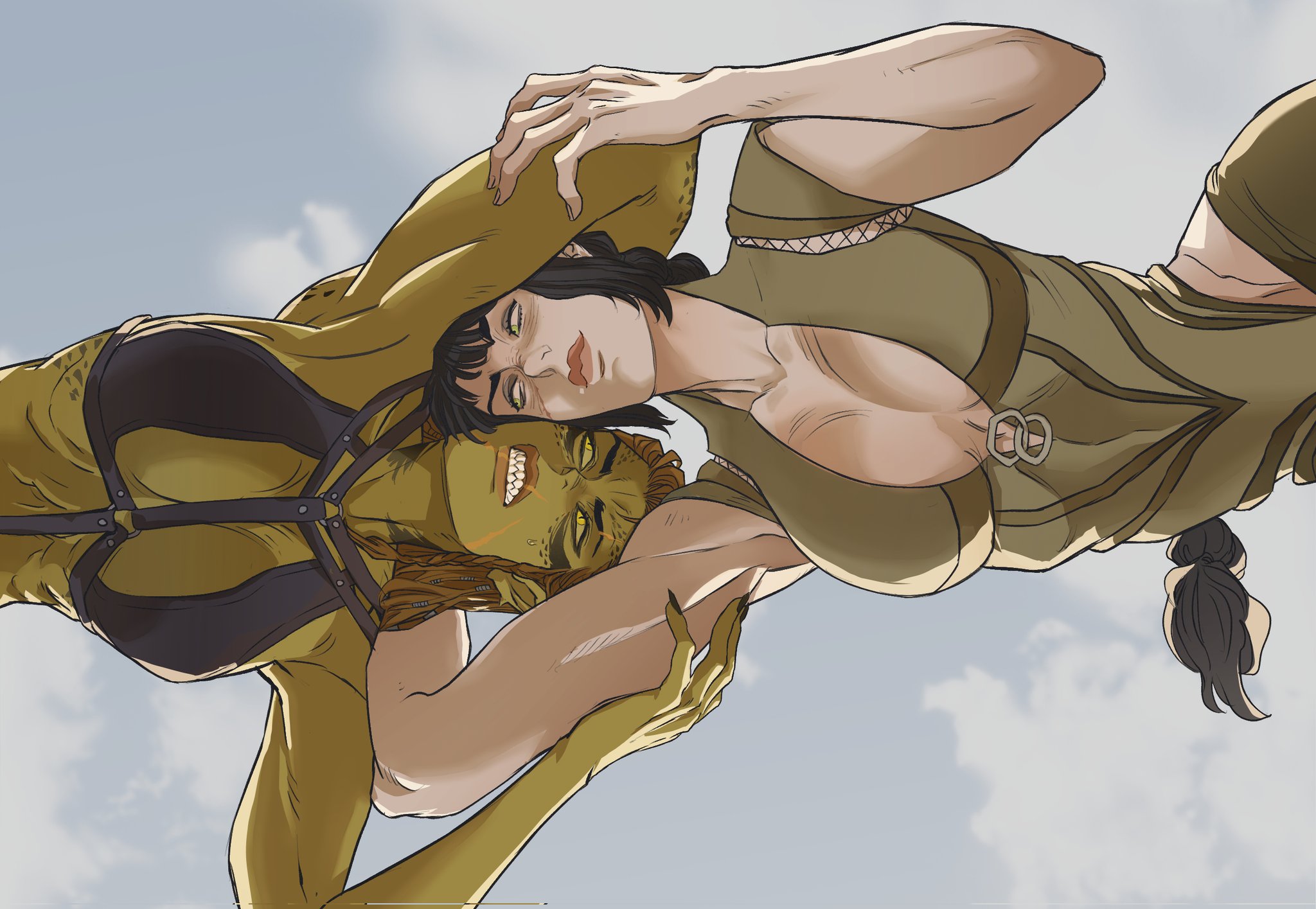 comic book art depicts two women wrestling in a dynamic composition, one appearing more human while the other is a greenskinned superheroine similar to shehulk, both exhibiting strength and intensity in their expression.
