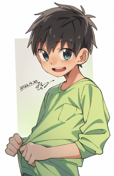 the image is a digital drawing of a young boy with short brown hair and bright green eyes. he is smiling cheerfully and pulling on the bottom of his light green, longsleeved shirt. the background is a soft white with a subtle texture. the overall style is reminiscent of anime and manga.