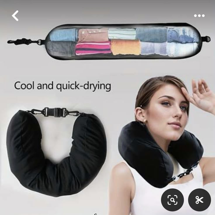 the image shows a travel neck pillow. the pillow is black and can be folded and put into a carrying case. it has a woman wearing the pillow, and the text says "cool and quickdrying".