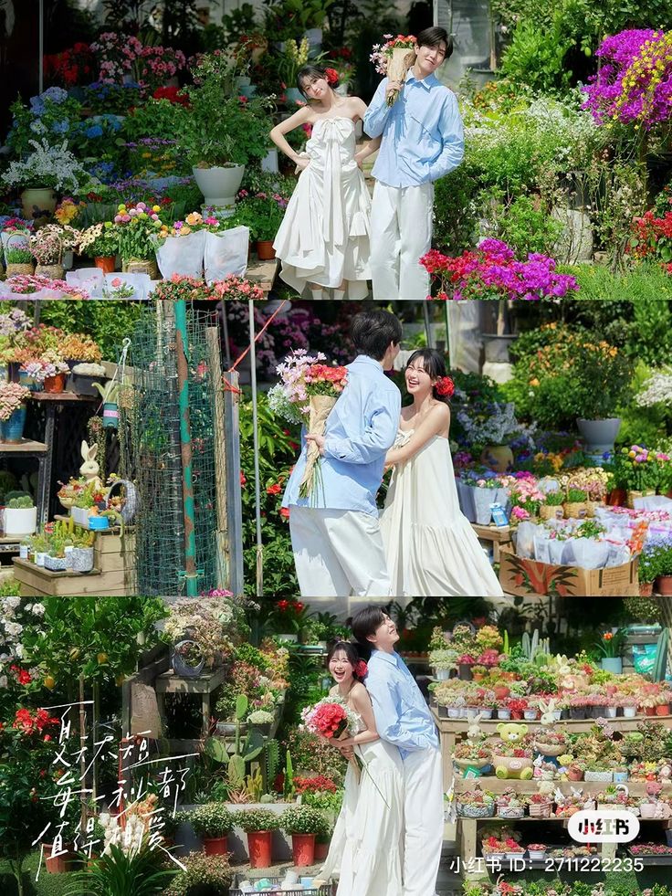 the image shows a collage of three photos of a young couple in a lush garden setting. the couple appears to be in love and dressed for a special occasion, possibly a wedding or engagement shoot. they are surrounded by an abundance of flowers and plants, creating a romantic and cheerful atmosphere. the top photo has the couple posing in front of flowers, the middle photo shows them embracing with a bouquet, and the bottom photo captures them laughing and enjoying each other's company amidst the garden.