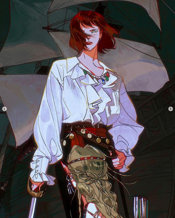 a digital illustration of an anime girl pirate holding a sword, standing on a ship. she has a white shirt with ruffles, a brown belt, and long red hair. she is looking at the viewer with a serious expression. the background is a blurry ship with a blue and green sky.