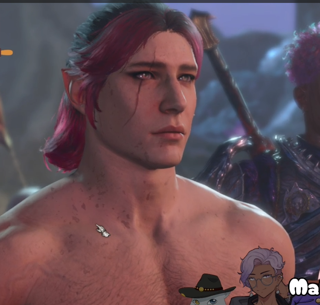 the image shows a closeup portrait of a young man with elflike features, digitally rendered in what appears to be a video game or fantasy setting. he has pale skin, pink hair pulled back in a ponytail, and striking blue eyes with a noticeable scar beneath one. his upper body is bare, revealing a lean physique with subtle scars and a small white marking on his chest. the background is blurred, hinting at a chaotic scene with a glimpse of another, armored figure. the overall lighting is soft, casting gentle shadows across his features and contributing to a slightly melancholic atmosphere. the presence of overlaid cartoon figures in the bottom right corner suggests this might be a screenshot from a video or stream.