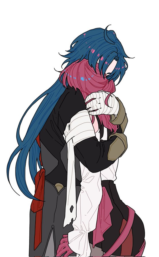 the image features two anime characters, a male with blue hair and a female with pink hair, embracing each other tightly. the male character is wearing a black outfit with a red belt, while the female character is wearing a white outfit with a pink sash. they are standing close together, their heads bent towards each other, and their arms wrapped around each other. the image portrays a strong sense of affection and love between the two characters.