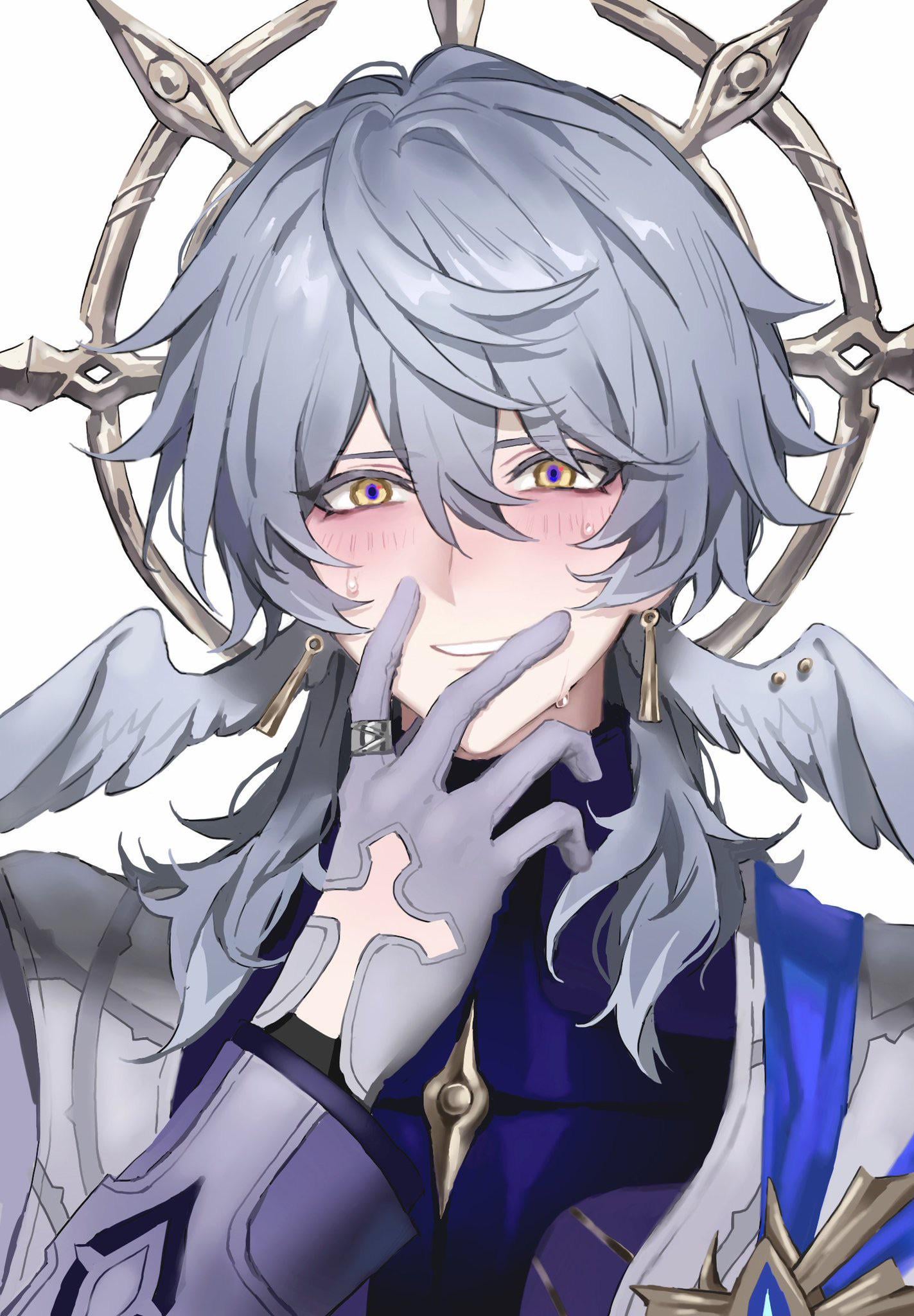 a closeup digital fanart of a male anime character, possibly inspired by genshin impact's raiden shogun, features him with long white hair, purple eyes, and a gentle smile. the character has fair skin with noticeable blush on his cheeks and appears to be crying softly. he is adorned with a halolike headpiece, angelic wings, and elaborate clothing that includes purple and blue elements. his attire is highly detailed, including intricate glovework, suggesting a regal or celestial persona. the overall style is reminiscent of anime and digital illustration, characterized by delicate linework, soft shading, and vivid color choices. the artwork captures a moment of quiet emotion, blending a serene and melancholy atmosphere.