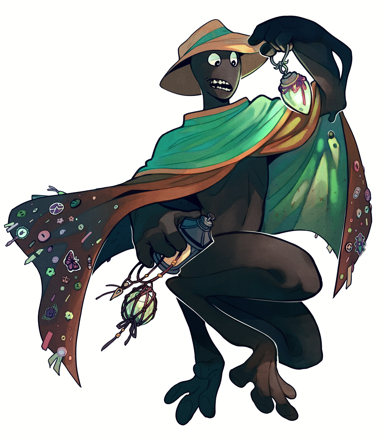 the image showcases a captivating character design, possibly a traveling salesman or a purveyor of curious goods. the creature, with its jetblack skin, elongated limbs, and widebrimmed hat, exudes an air of mystery and intrigue. its most striking feature is the array of trinkets and charms adorning its flowing cape. the creature holds aloft a glowing orb, suggesting its significance.  the warm and inviting color palette further enhances the enchanting aura surrounding the character.