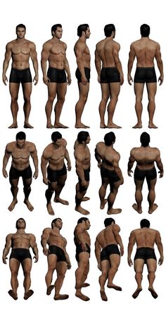 the image shows a 3d render of a male figure in various poses. the figure is shown from multiple angles and perspectives, providing a comprehensive view of the human form. the lighting is neutral, and the background is white, making it easy to focus on the details of the model. this type of image is often used as a reference for artists, animators, and game developers.
