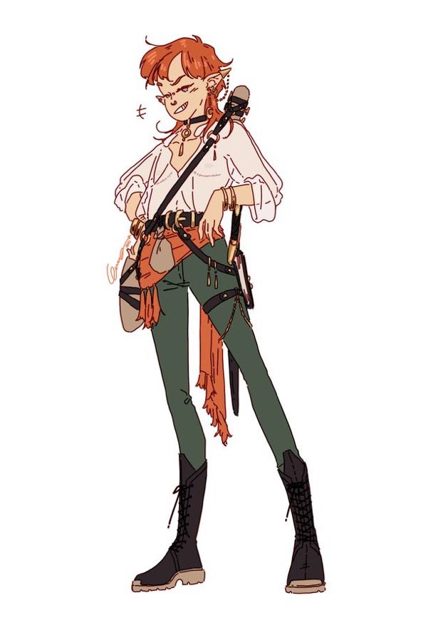 a fantasy character is illustrated in a cartoon style. it's a female elf with red hair and a mischievous expression. she is dressed in a white shirt, green pants, and boots. she has a sword strapped to her back and is holding a bag in her left hand. the elf has a orange scarf around her waist.